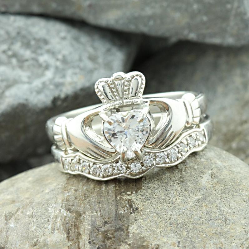 Jewelry - Cubic Zirconia Claddagh Ring And Matching Stone Set Band.