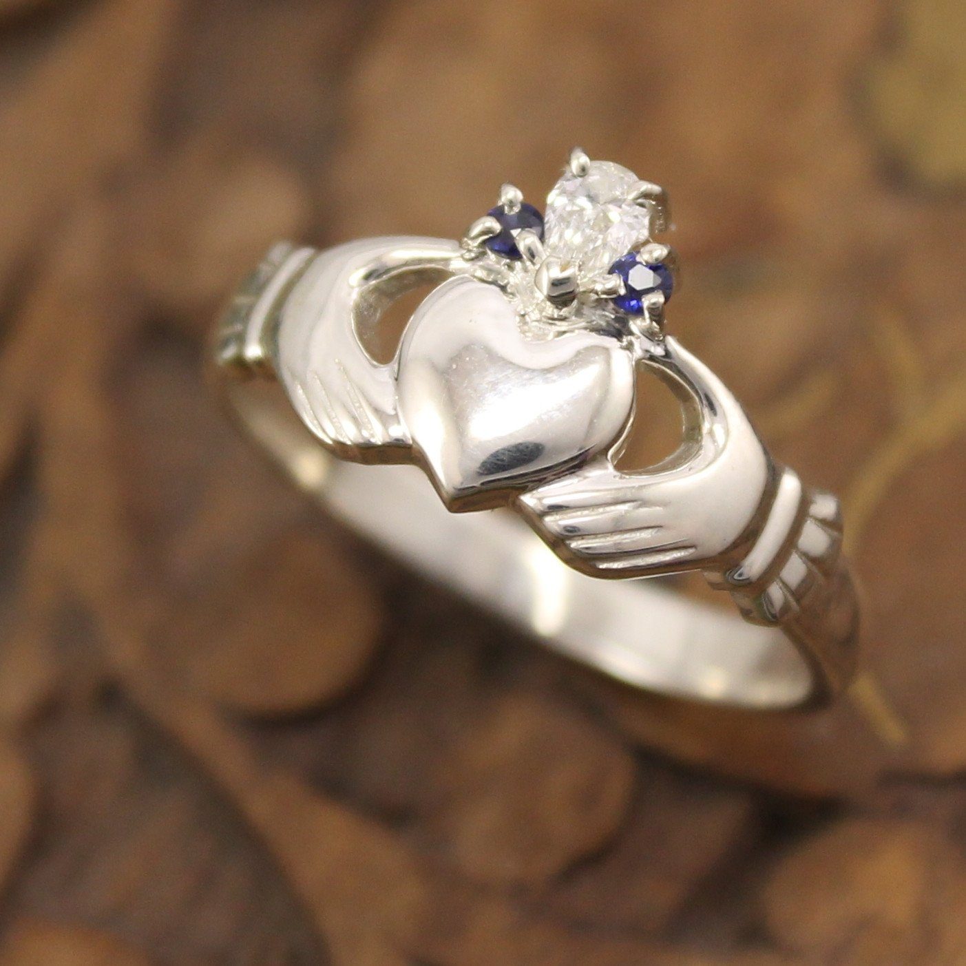 Jewelry - Diamond And Sapphire 14K Gold Claddagh Ring.