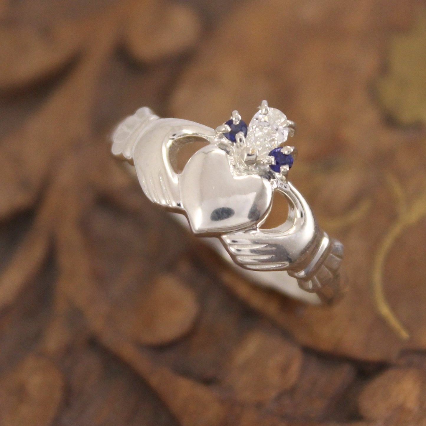 Jewelry - Diamond And Sapphire 14K Gold Claddagh Ring.