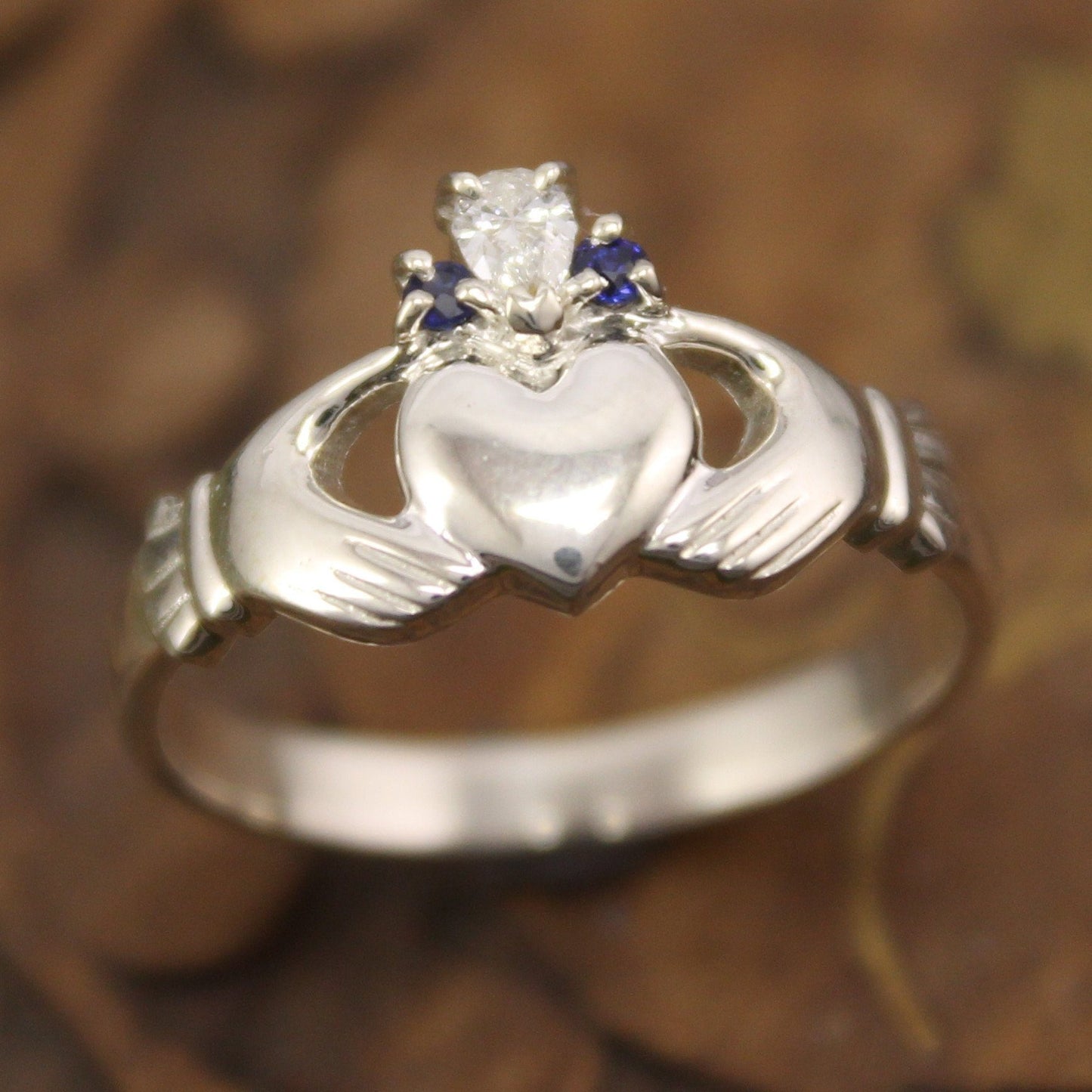 Jewelry - Diamond And Sapphire 14K Gold Claddagh Ring.