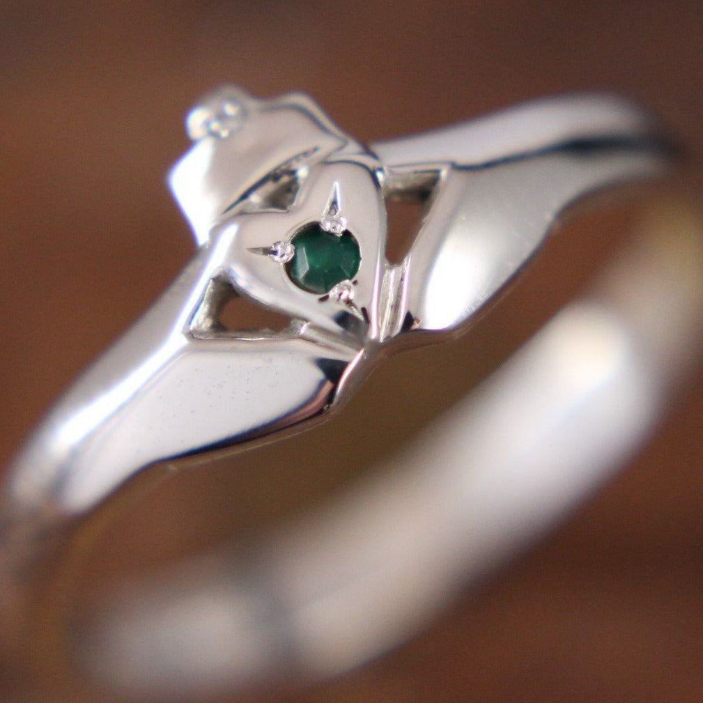 Jewelry - Emerald And Diamond Claddagh Ring, Ladies Silver Claddagh Ring In A Modern Contemporary Style