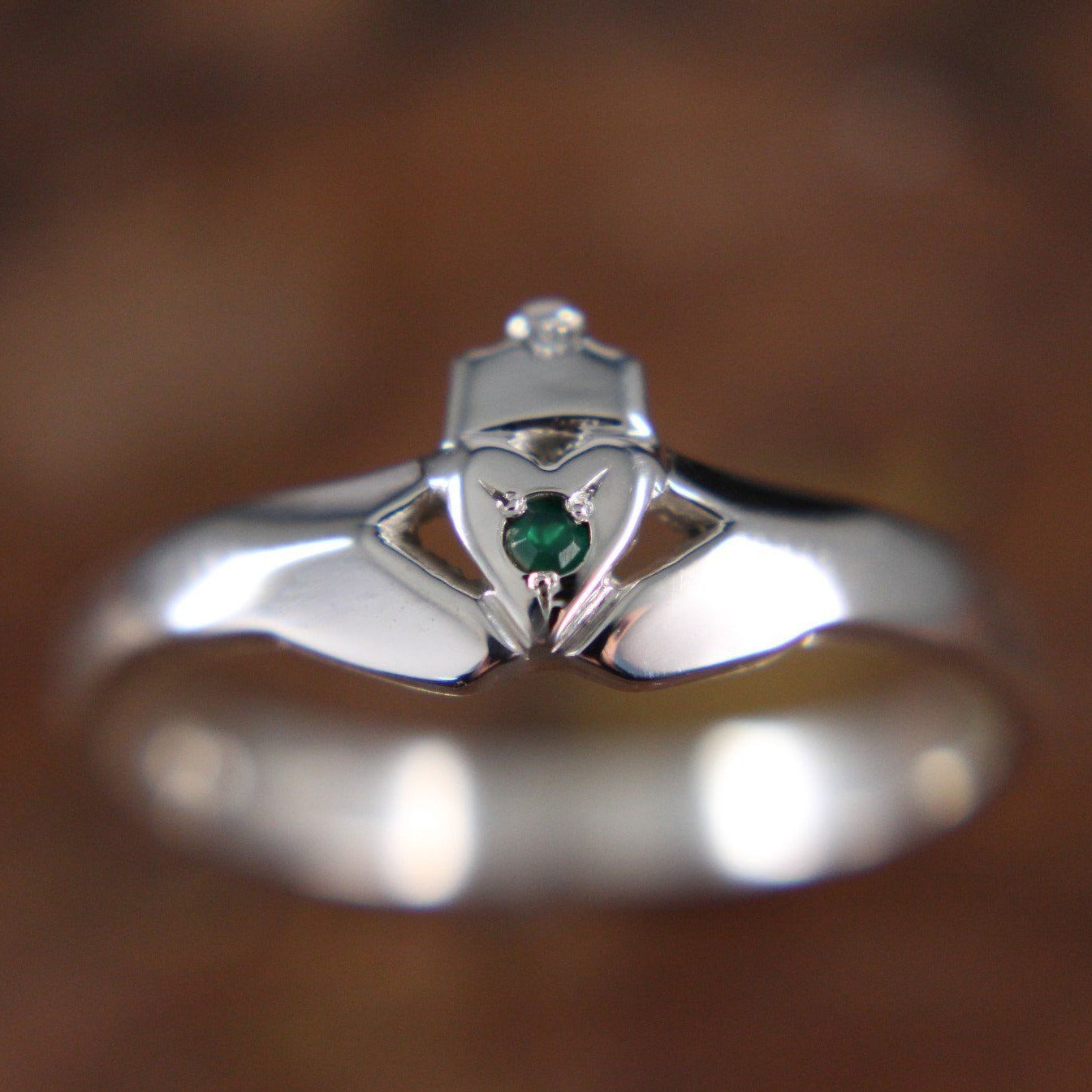 Jewelry - Emerald And Diamond Claddagh Ring, Ladies Silver Claddagh Ring In A Modern Contemporary Style