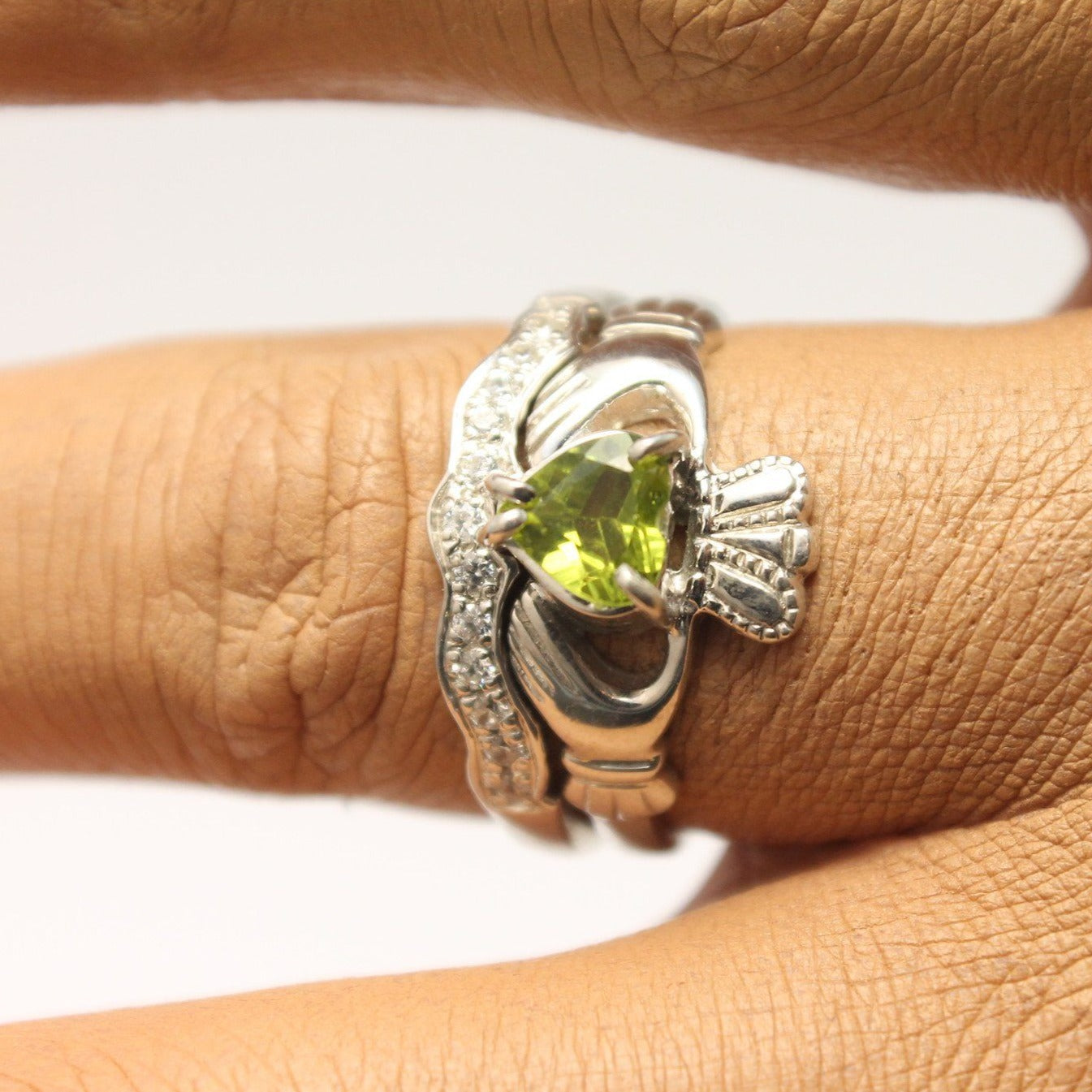 Jewelry - Green Peridot Gemstone Claddagh Ring And Matching Stone Set Band.