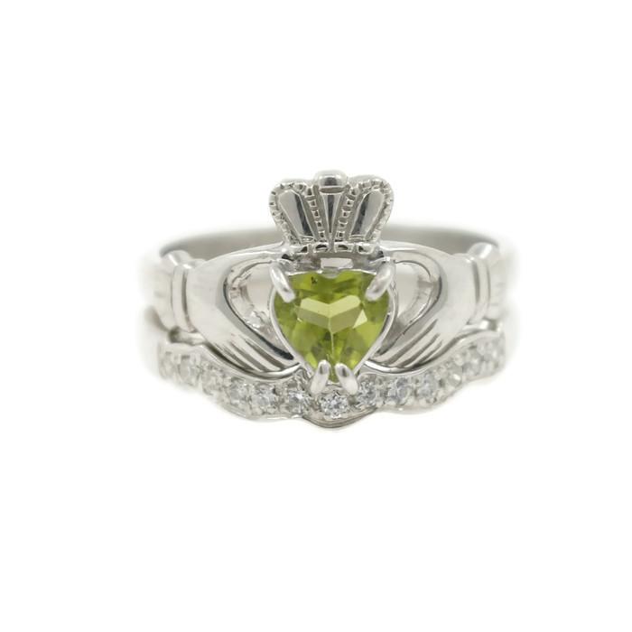 Jewelry - Green Peridot Gemstone Claddagh Ring And Matching Stone Set Band.