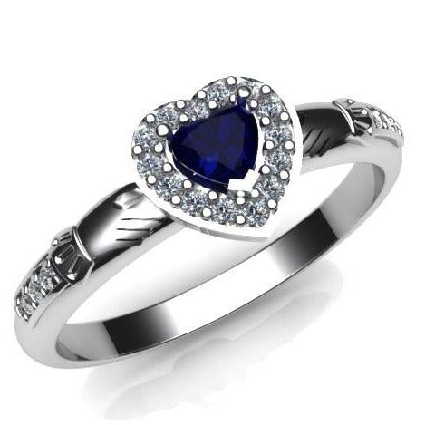 Jewelry - Ladies Claddagh Ring.  Created Sapphire Gemstone Claddagh Ring, Contemporary Irish Celtic Claddagh Ring.