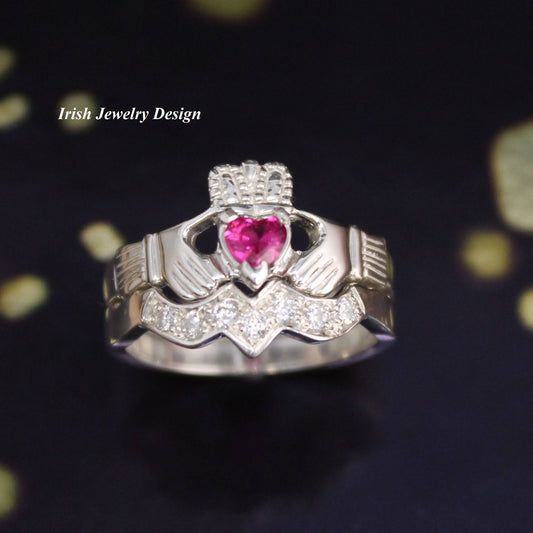 Jewelry - Ladies Created Ruby Irish Sterling Silver Claddagh Ring And Matching Band Set With Cubic Zirconia.