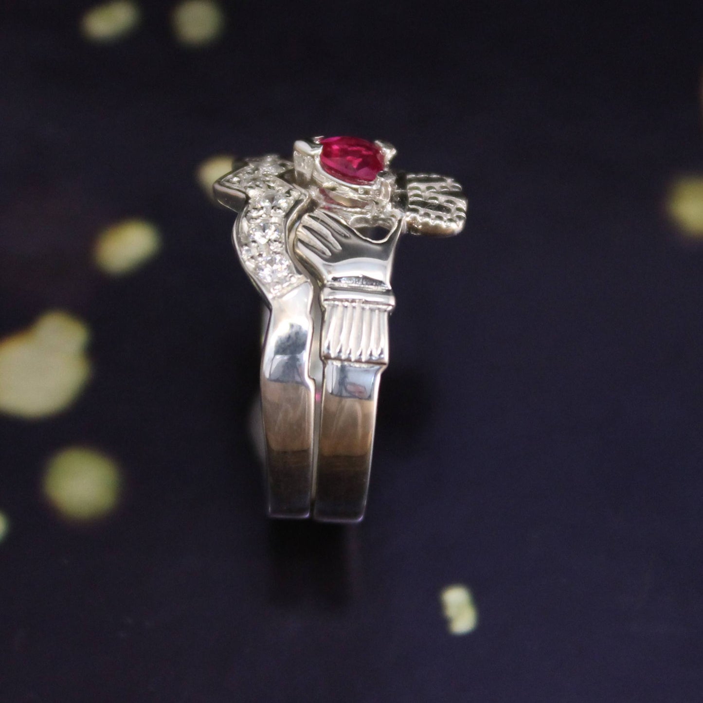 Jewelry - Ladies Created Ruby Irish Sterling Silver Claddagh Ring And Matching Band Set With Cubic Zirconia.