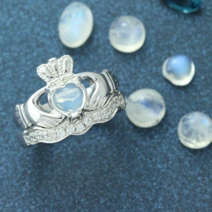 Jewelry - Moonstone Claddagh Ring And Matching Stone Set Band.