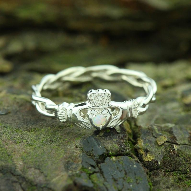 Jewelry - Opal Claddagh Ring, Ladies Silver Claddagh Ring On Celtic Rope Band.