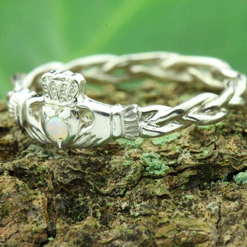 Jewelry - Opal Claddagh Ring, Ladies Silver Claddagh Ring On Celtic Rope Band.