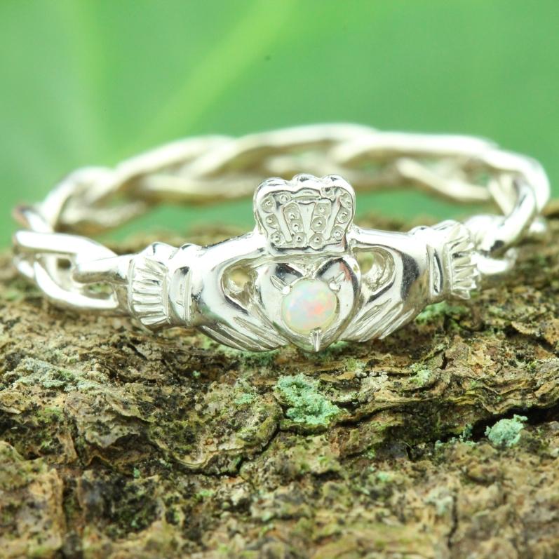 Jewelry - Opal Claddagh Ring, Ladies Silver Claddagh Ring On Celtic Rope Band.