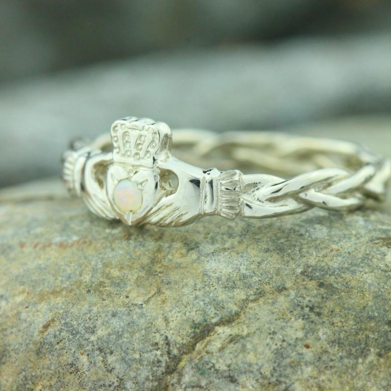 Jewelry - Opal Claddagh Ring, Ladies Silver Claddagh Ring On Celtic Rope Band.