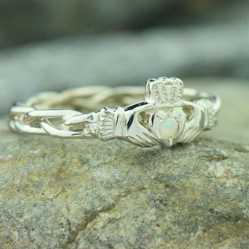 Jewelry - Opal Claddagh Ring, Ladies Silver Claddagh Ring On Celtic Rope Band.