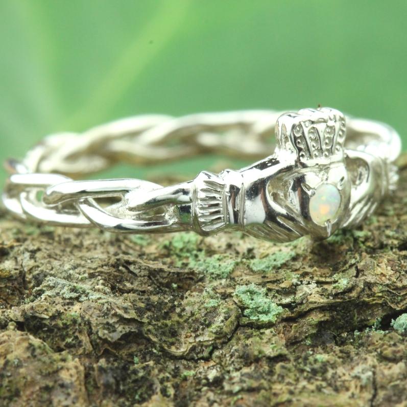 Jewelry - Opal Claddagh Ring, Ladies Silver Claddagh Ring On Celtic Rope Band.