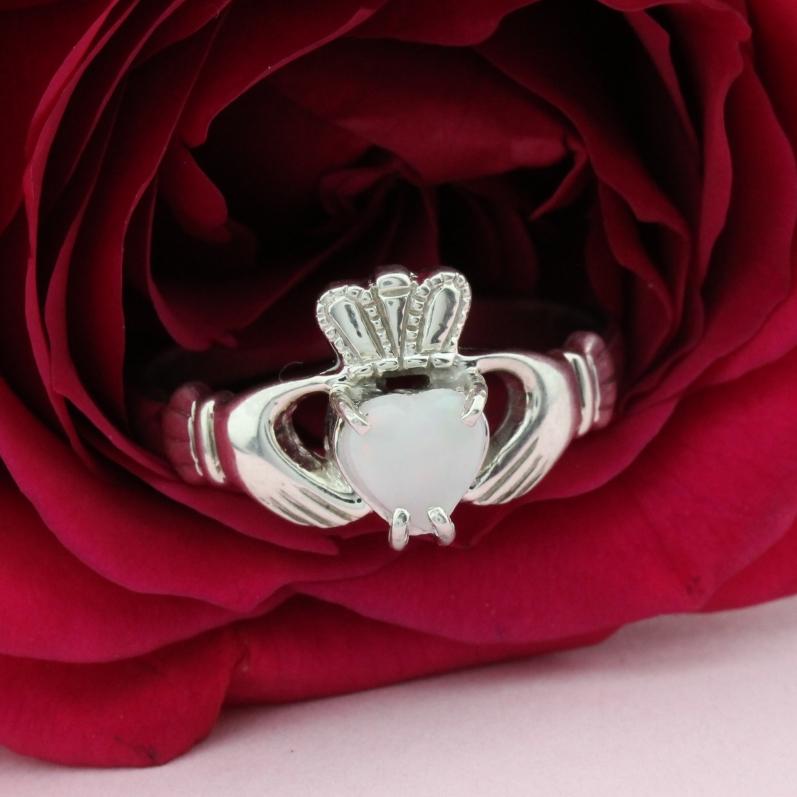 Jewelry - Opal Claddagh Ring, Ladies Silver Claddagh Ring, Set With A Real Opal.