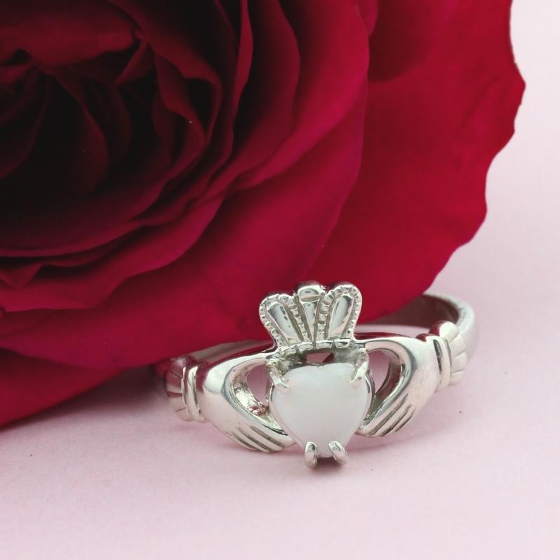 Jewelry - Opal Claddagh Ring, Ladies Silver Claddagh Ring, Set With A Real Opal.