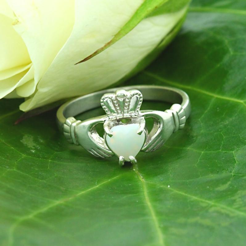 Jewelry - Opal Claddagh Ring, Ladies Silver Claddagh Ring, Set With A Real Opal.