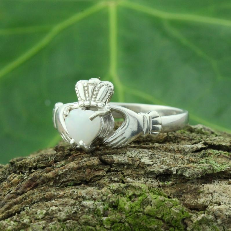 Jewelry - Opal Claddagh Ring, Ladies Silver Claddagh Ring, Set With A Real Opal.