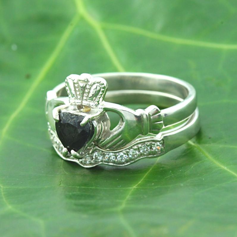 Jewelry - Real Black Sapphire Gemstone Claddagh Ring And Matching Stone Set Band.