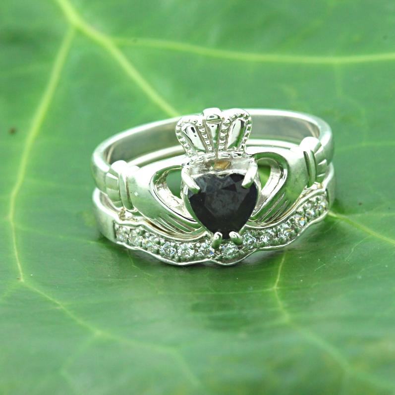 Jewelry - Real Black Sapphire Gemstone Claddagh Ring And Matching Stone Set Band.