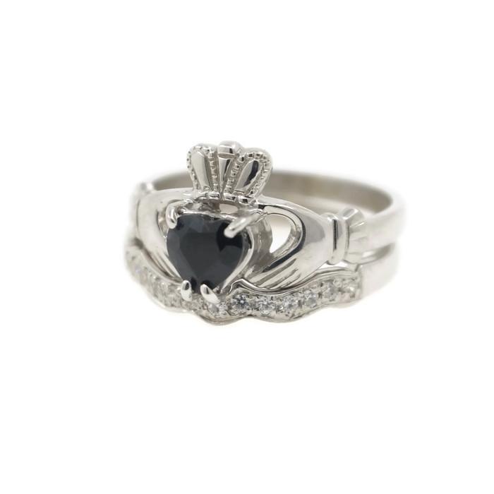 Jewelry - Real Black Sapphire Gemstone Claddagh Ring And Matching Stone Set Band.