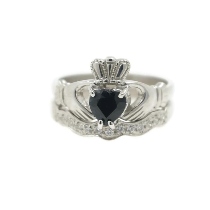 Jewelry - Real Black Sapphire Gemstone Claddagh Ring And Matching Stone Set Band.