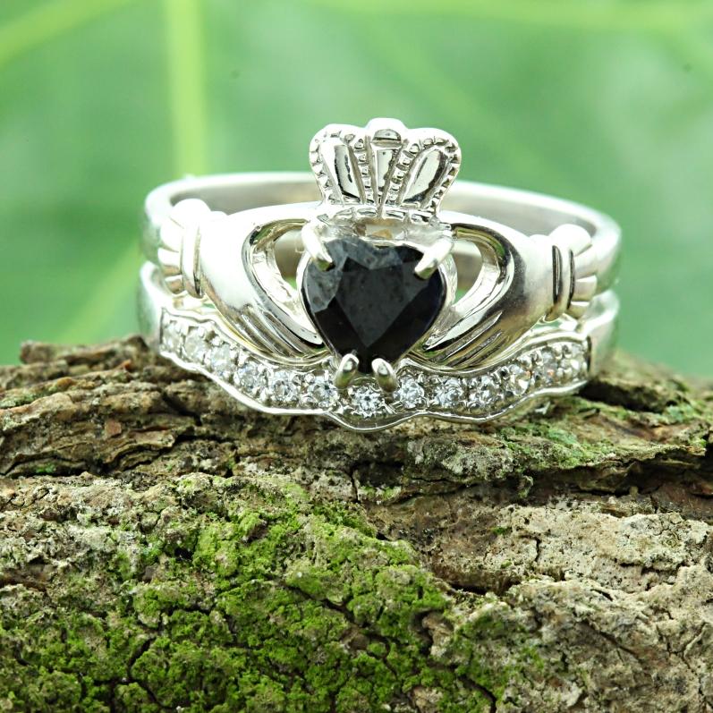 Jewelry - Real Black Sapphire Gemstone Claddagh Ring And Matching Stone Set Band.