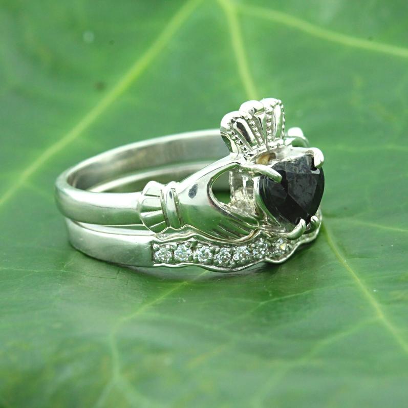 Jewelry - Real Black Sapphire Gemstone Claddagh Ring And Matching Stone Set Band.