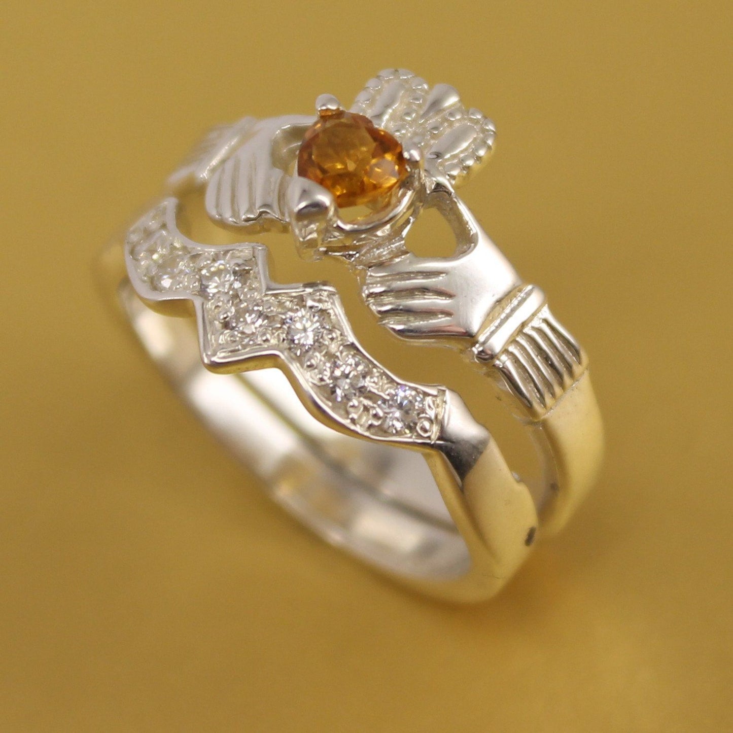 Jewelry - Real Citrine Gemstone Irish Claddagh Ring And Matching Band Set With Cubic Zirconia.