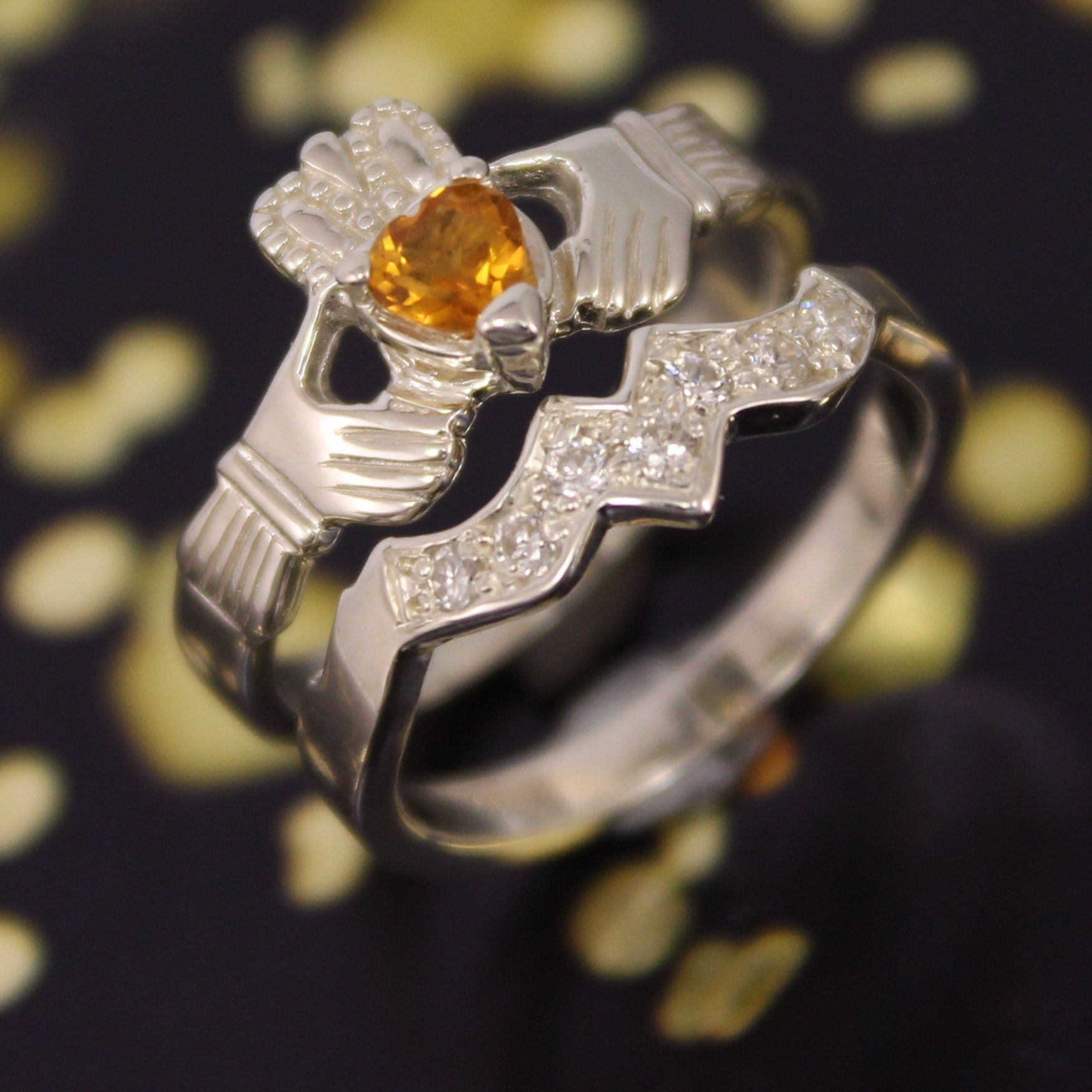 Jewelry - Real Citrine Gemstone Irish Claddagh Ring And Matching Band Set With Cubic Zirconia.