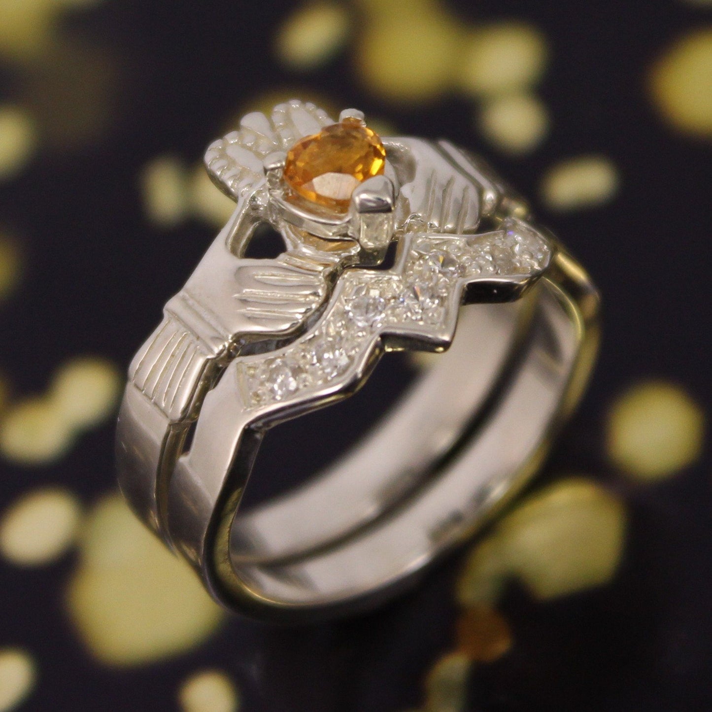 Jewelry - Real Citrine Gemstone Irish Claddagh Ring And Matching Band Set With Cubic Zirconia.