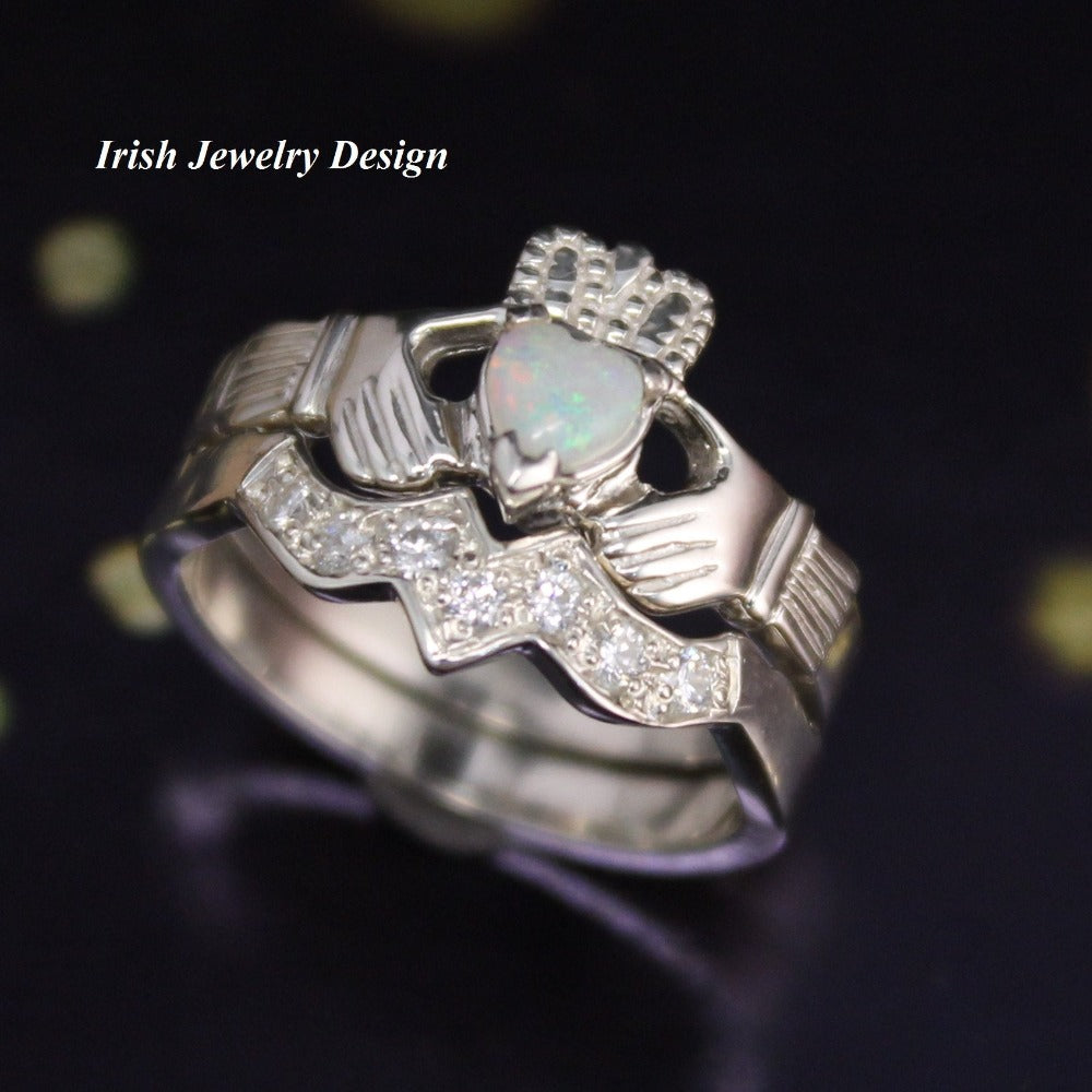 Jewelry - Real Opal Irish Claddagh Ring And Matching Band Set With Cubic Zirconia.