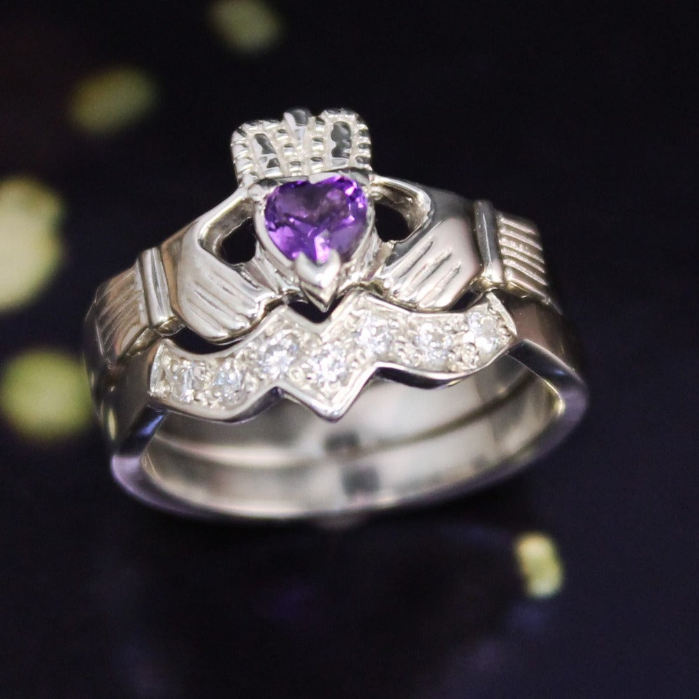 Jewelry - Real Purple Amethyst Irish Claddagh Ring And Matching Band Set With Cubic Zirconia.