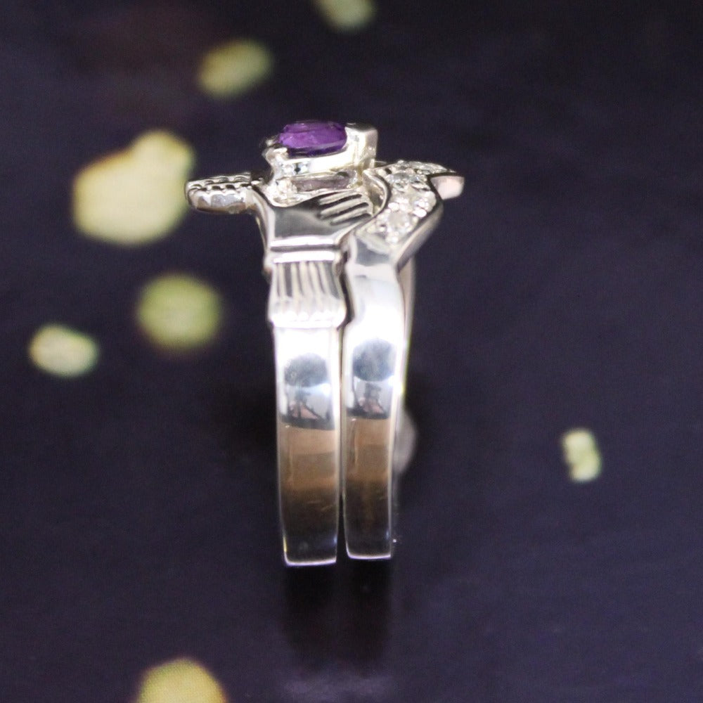 Jewelry - Real Purple Amethyst Irish Claddagh Ring And Matching Band Set With Cubic Zirconia.