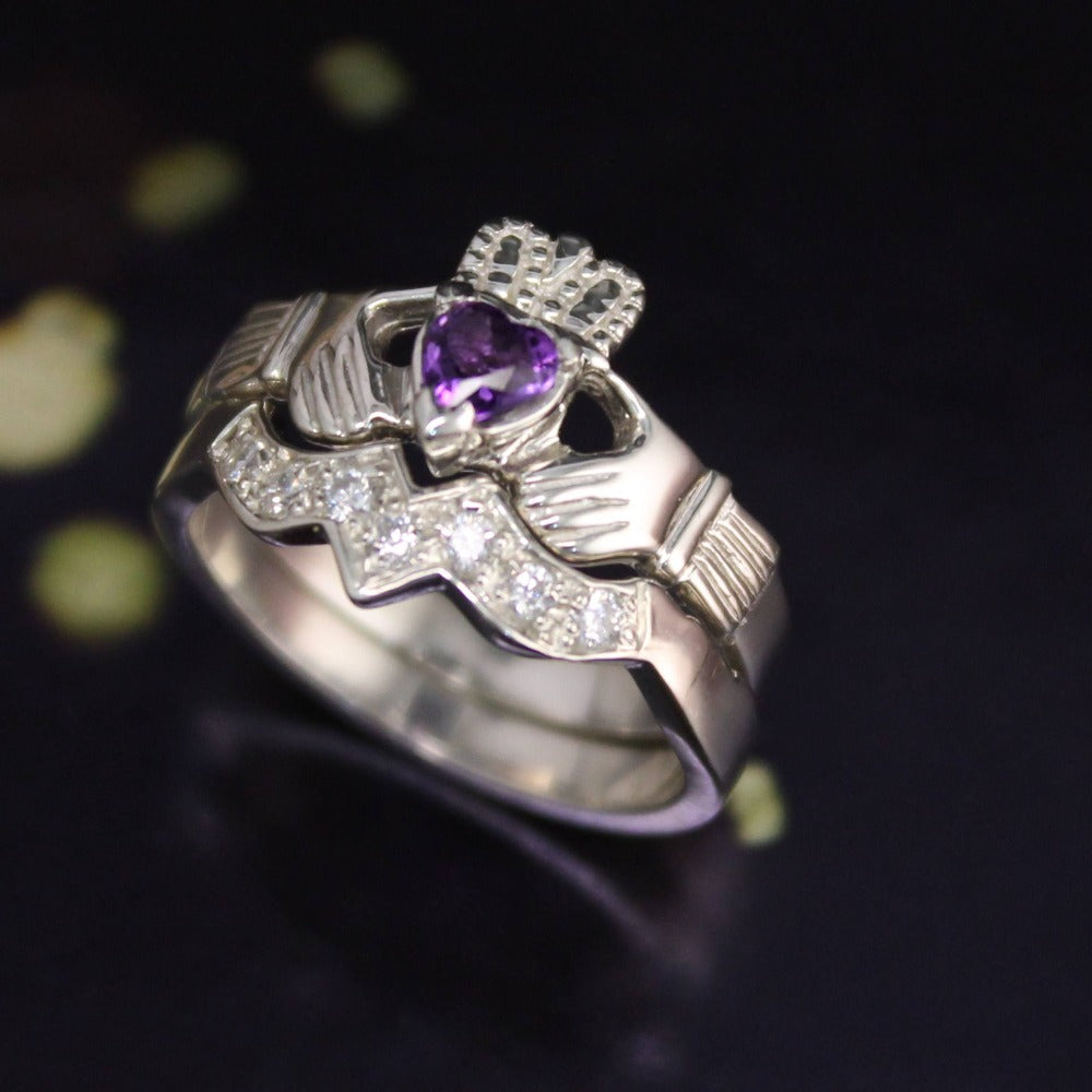 Jewelry - Real Purple Amethyst Irish Claddagh Ring And Matching Band Set With Cubic Zirconia.