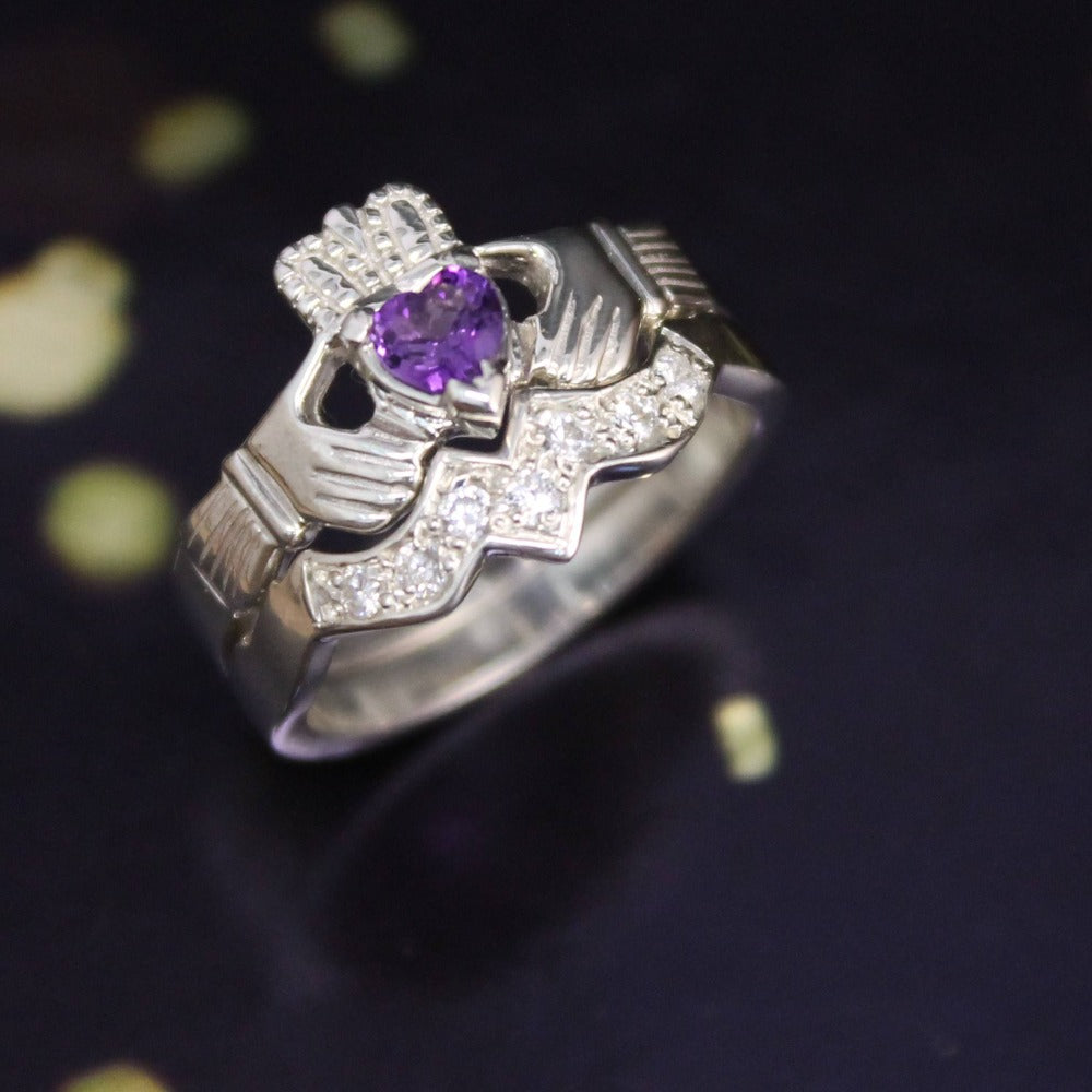 Jewelry - Real Purple Amethyst Irish Claddagh Ring And Matching Band Set With Cubic Zirconia.