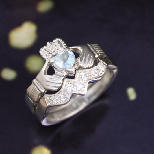 Jewelry - Real Sky Blue Topaz Irish Claddagh Ring And Matching Band Set With Cubic Zirconia.