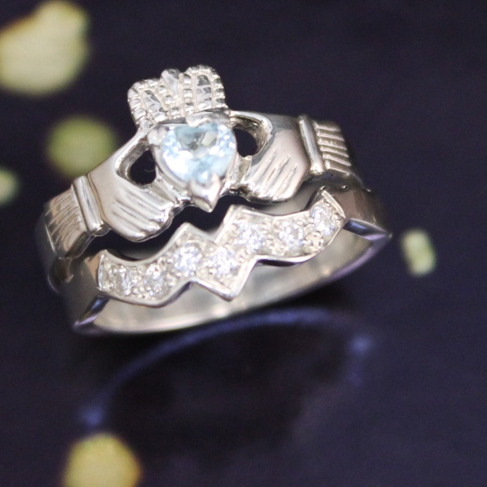 Jewelry - Real Sky Blue Topaz Irish Claddagh Ring And Matching Band Set With Cubic Zirconia.