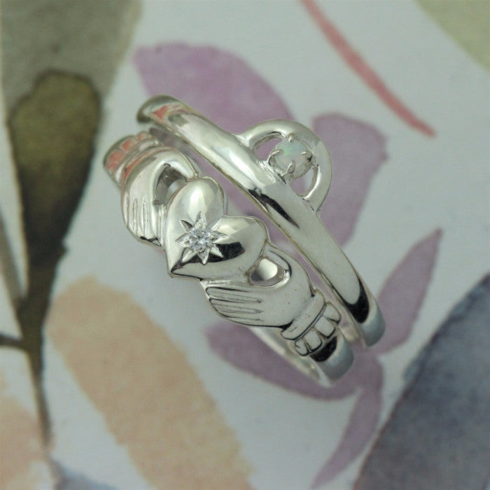 Claddagh ring, emerald and diamond claddagh ring. Matching claddagh ring set.